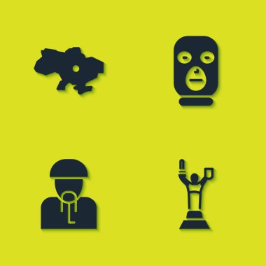 Ukrayna Haritası, Anavatan Anıtı, Ukrayna Kazağı ve Hırsız Maskesi ikonu. Vektör.