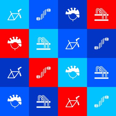 Bisiklet iskeletini, pedalları, miğferi ve park simgesini ayarla. Vektör.