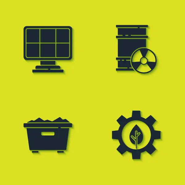 Conjunto Painel Energia Solar Planta Folha Máquina Engrenagem Lixeira Ícone —  Vetores de Stock