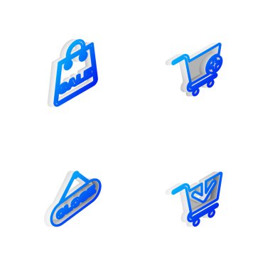 Isometric hattını ayarla Alışveriş arabasına ekle, Satılık çanta, Kapalı ve simge asma işareti. Vektör.