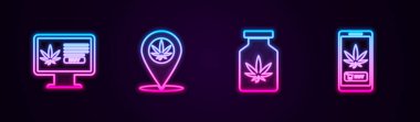 İnternet üzerinden marihuana, konum ve ilaç şişesi alınıyor. Parlayan neon ikonu. Vektör.