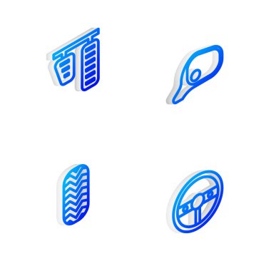 Isome marka araba aynası, gaz ve fren pedalları, lastik ve direksiyon simgesini ayarla. Vektör.