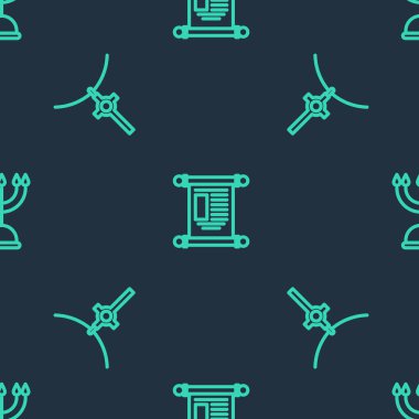 KHK, kağıt, parşömen, parşömen, zincirli Hristiyan haçı ve pürüzsüz desenli Hanuka menorası. Vektör.