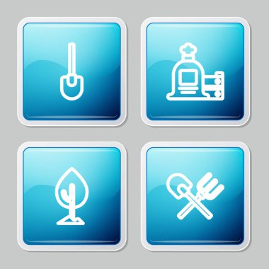 Kürek, çuval ve tahta kutu, ağaç ve tırmık ikonu. Vektör