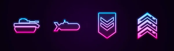 Militaire Tank Onderzeeër Chevron Rang Een Gloeiend Neon Icoon Vector — Stockvector