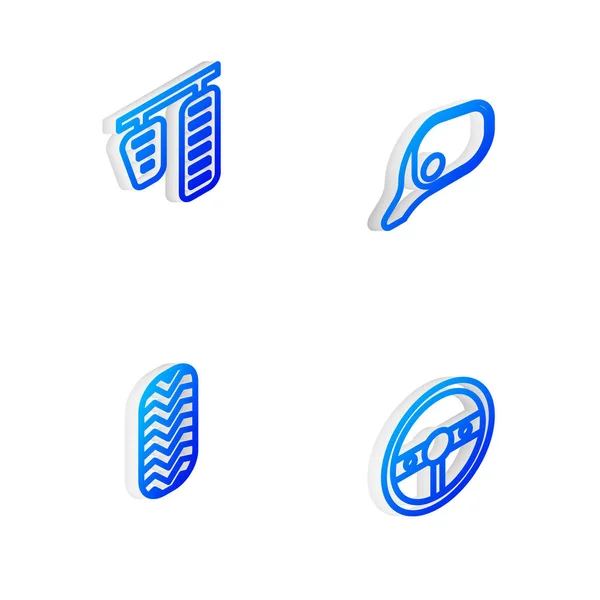 Set Isometrische Linie Autospiegel Gas Und Bremspedale Reifen Und Lenkrad — Stockvektor