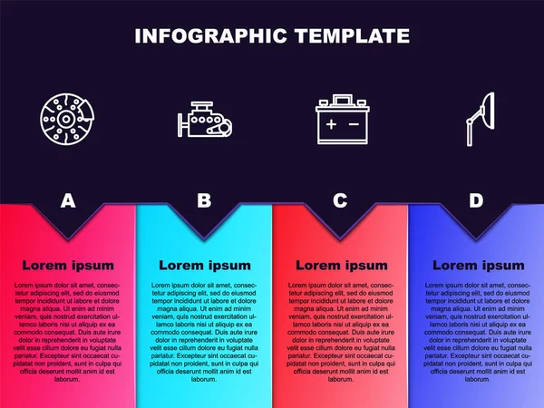 ラインを設定しますキャリパー エンジン バッテリーとWindscreenワイパーと車のブレーキディスク ビジネスインフォグラフィックテンプレート ベクトル — ストックベクタ