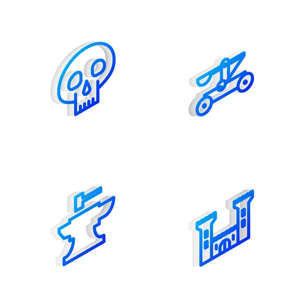 Set Isometric Line Katapult Střelba Kameny Lebka Kovadlina Pro Kovářské — Stockový vektor