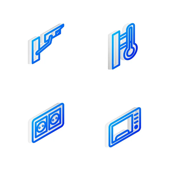 Réglez Isometric Line Thermomètre Météorologique Caméra Sécurité Prise Électrique Icône — Image vectorielle