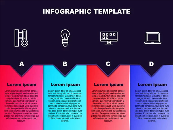 Set Lijn Meteorologie Thermometer Gloeilamp Smart Laptop Bedrijfsinfographic Sjabloon Vector — Stockvector