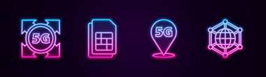 5G ağını, Sim kartını, yerini ve sosyal güvenlik numarasını ayarla. Parlayan neon ikonu. Vektör