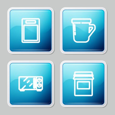 Hat kesme tahtası, kahve fincanı, mikrodalga fırın ve reçel kavanozu ikonu. Vektör