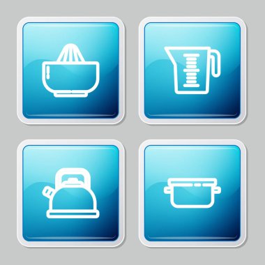 Citrus meyve sıkacağı, ölçü kabı, saplı çaydanlık ve tencere ikonu. Vektör