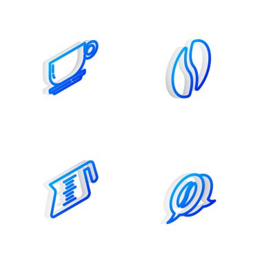 Isometric hattını, kahve çekirdeklerini, demliği ve sohbet ikonunu ayarla. Vektör