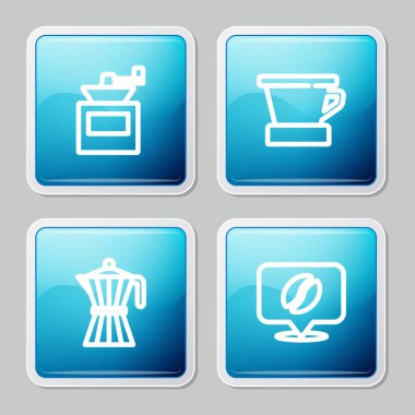 El yapımı kahve öğütücüsü, V60 makinası kahve demliği ve fasulye ikonlu konum. Vektör