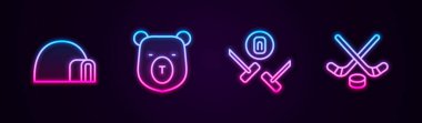 Hattı ayarla Igloo buz evi, Ayı kafası, Curling spor oyunu ve buz hokeyi sopaları ve puck. Parlayan neon ikonu. Vektör