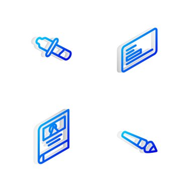 Isometric line Business card, Pipette, Photo albüm galerisi ve boya fırçası simgesini ayarla. Vektör