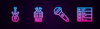 Set hattı Electric bas gitar, mikrofon ve müzik listesi. Parlayan neon ikonu. Vektör