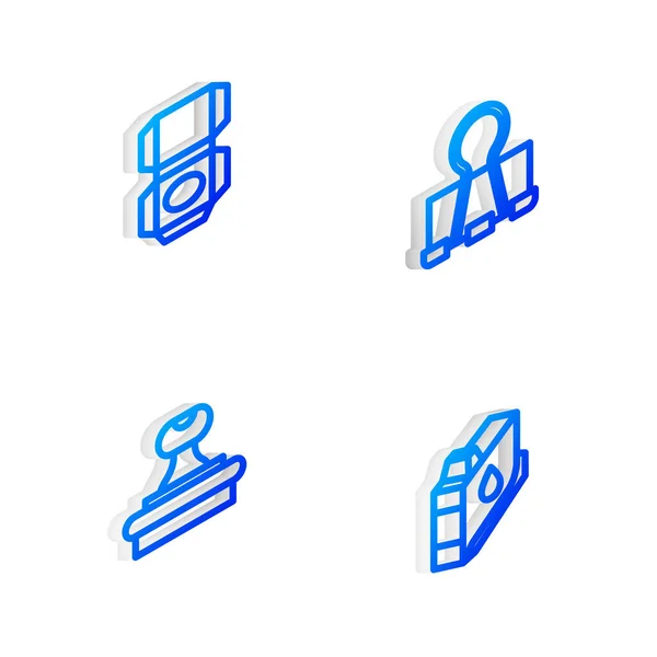 Set Isometrische Linie Binder Clip Kartonschachtel Stempel Und Druckerpatronen Symbol — Stockvektor