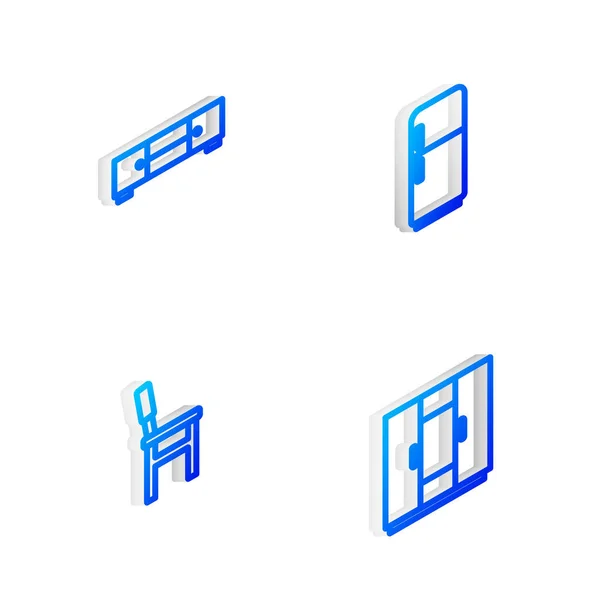 Set Isometrische Linie Kühlschrank Kommode Stuhl Und Kleiderschrank Symbol Vektor — Stockvektor