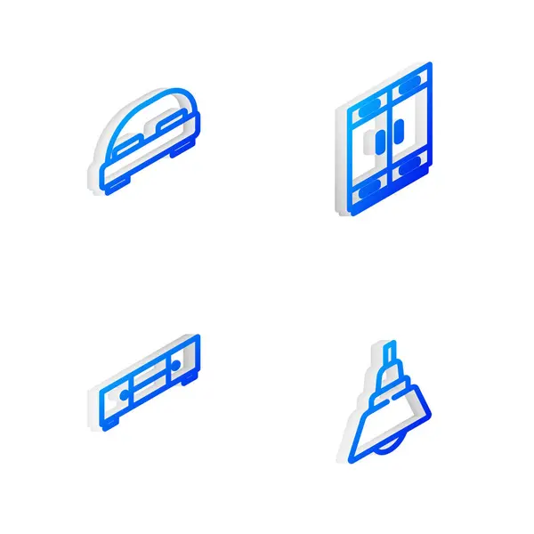 Set Isometric Line Skříň Velká Postel Truhla Zásuvek Lustr Ikona — Stockový vektor