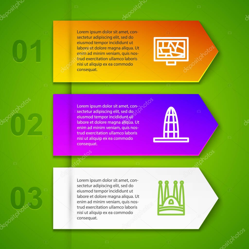 Set line Picture art, Agbar tower, Sagrada Familia and Montjuic castle. Business infographic template. Vector