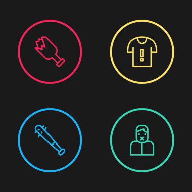 Çivili beyzbol sopası, sansür ve konuşma özgürlüğü, tişört protestosu ve kırık şişe silah ikonu. Vektör