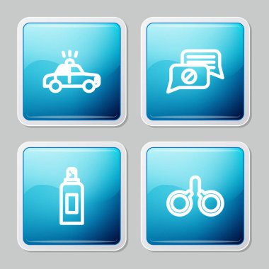 Polis arabası, teşhirci, konuşma balonu sohbeti, boya spreyi ve kelepçe ikonu ayarlayın. Vektör