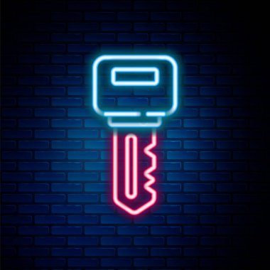 Parlayan neon hattı ev anahtarı simgesi tuğla duvar arka planında izole edildi. Renkli taslak konsepti. Vektör