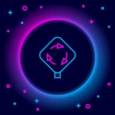 Parlayan neon hattı Roundabout trafik simgesi siyah arkaplanda izole edildi. Trafik çember işareti. Renkli taslak konsepti. Vektör