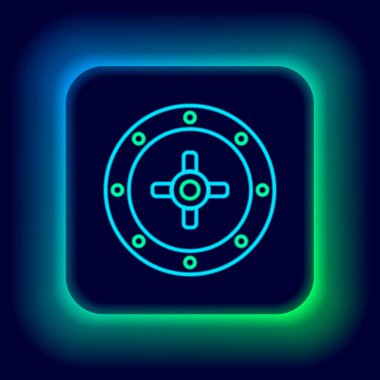 Parlayan neon hattı siyah arkaplanda güvenli simge. Kapı, şifreli bir banka kasası. Güvenilir Veri Koruma. Renkli taslak konsepti. Vektör