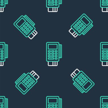 Hat POS terminali, eklenmiş kredi kartı ve yazdırılmış tarif simgesi ile siyah arkaplanda izole edilmiş kusursuz desen. NFC ödeme konsepti. Vektör