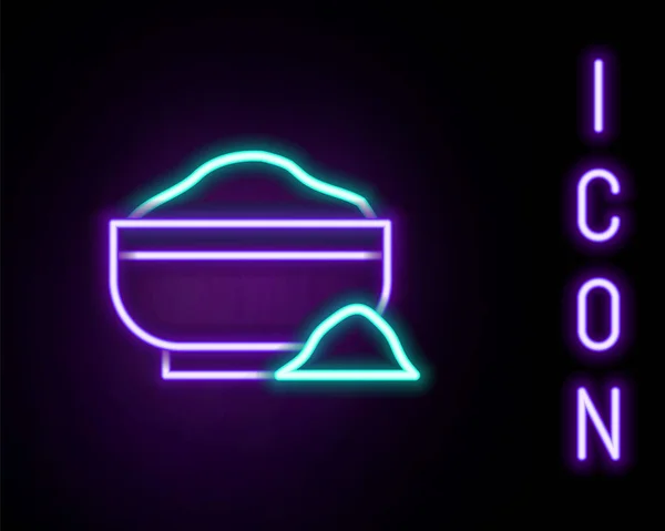 发光的霓虹灯线面粉碗图标孤立在黑色背景 烘烤配料 健康有机食品 厨房用具杯 煮得太烂了五彩缤纷的概念 — 图库矢量图片