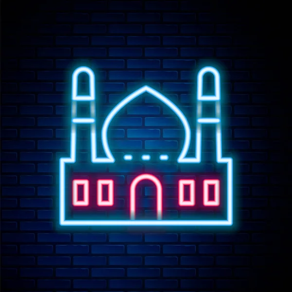 Linea Fluorescente Icona Moschea Musulmana Isolato Sfondo Muro Mattoni Concetto — Vettoriale Stock