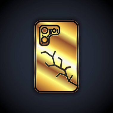 Siyah arkaplanda izole edilmiş kırık ekran simgesine sahip Altın Akıllı Telefon. Parçalanmış telefon ekranı simgesi. Vektör