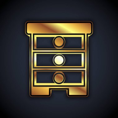 Siyah arka planda izole edilmiş arılar için altın kovan. Arı kovanı sembolü. Apiary ve arı yetiştiriciliği. Tatlı doğal yemek. Vektör