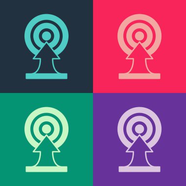 Renk arkaplanında ok simgesi olan Pop Art Target. Dart tahtası işareti. Okçuluk tahtası simgesi. Dartboard işareti. İş hedefi kavramı. Vektör