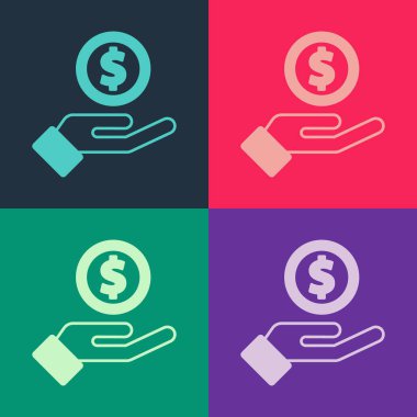 Pop Art Human 'ın el yazısı para ikonu veriyor. Renkli arka planda izole edilmiş. Para ikonu alınıyor. Vektör