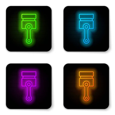 Parlayan neon çizgisi motor piston simgesi beyaz arkaplanda izole edildi. Araba motoru pistonu işareti. Siyah kare düğme. Vektör