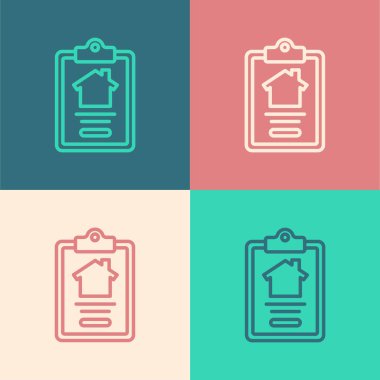 Pop Art Line House kontrat ikonu renk arkaplanında izole edilmiş. Sözleşme oluşturma hizmeti, belge oluşumu, başvuru formu bileşimi. Vektör