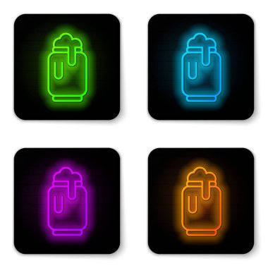 Parlayan neon hattı bira kutusu ve beyaz arka planda izole edilmiş köpük ikonu. Siyah kare düğme. Vektör