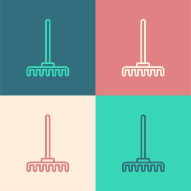 Pop sanat çizgisi tırmık ikonu renk arkaplanında izole edilmiş. Bahçecilik, tarım, çiftçilik aleti. Toprak işçisi. Temizlik ekipmanları. Vektör