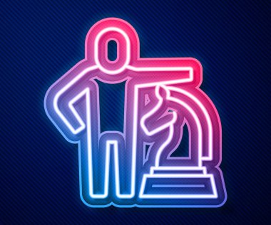 Parlayan neon çizgisi satranç simgesi mavi arkaplanda izole edildi. İş stratejisi. Oyun, yönetim, finans. Vektör