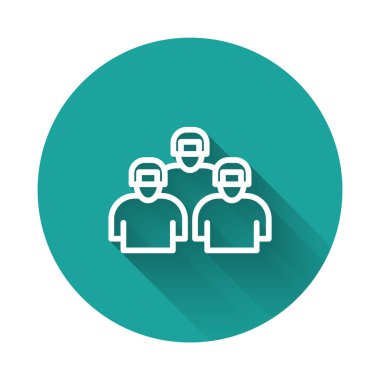 Beyzbol oyuncularından oluşan beyaz çizgi takım ikonu uzun gölgeli arka plan ile izole edildi. Yeşil daire düğmesi. Vektör