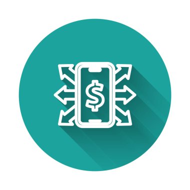 Dolar sembolü simgesi olan beyaz çizgi akıllı telefon uzun gölge arkaplanı ile izole edilmiş. İnternetten alışveriş konsepti. Finansal cep telefonu simgesi. Çevrimiçi ödeme. Yeşil daire düğmesi. Vektör