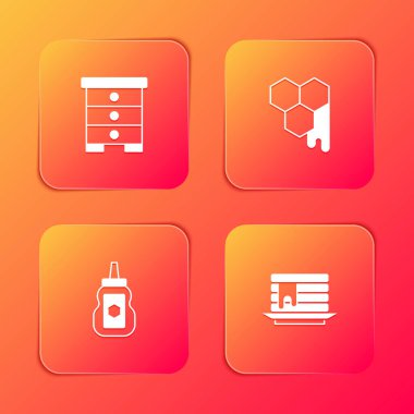 Kovan 'ı arılar, bal peteği, kavanoz bal ve krep ikonu için hazırla. Vektör