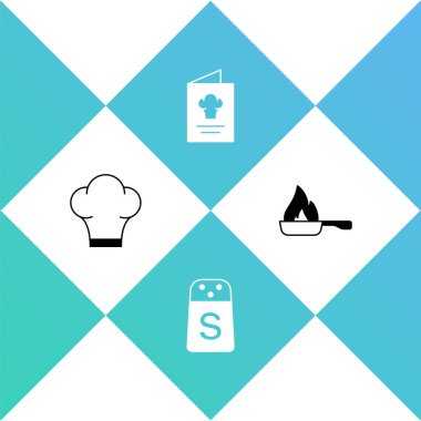 Şef şapkası, tuz, yemek kitabı ve tava ikonunu hazırla. Vektör