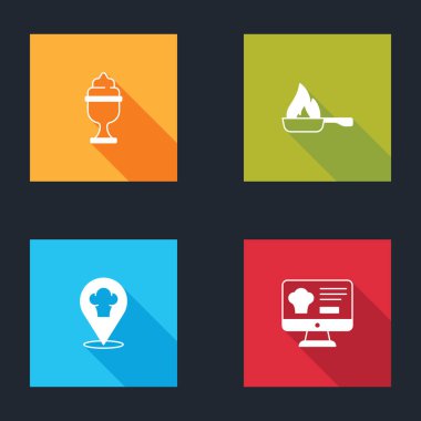 Dondurmayı kaseye, kızartma tavasına, yerini ve online sipariş ve teslimat ikonuna ayarla. Vektör