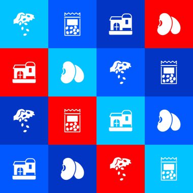 Tohum, bitki tohumu dolu bir paket, çiftlik evi ve fasulye ikonu. Vektör