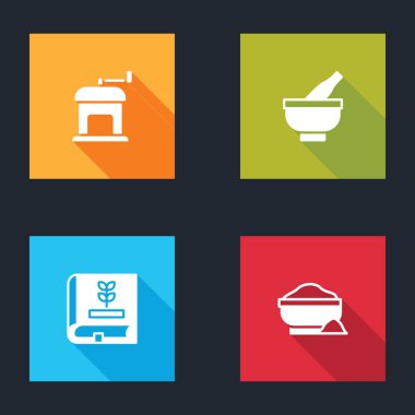 Elle kahve öğütücüsünü, havan topuzunu ve tohum ve un kasesi ikonunu hazırla. Vektör